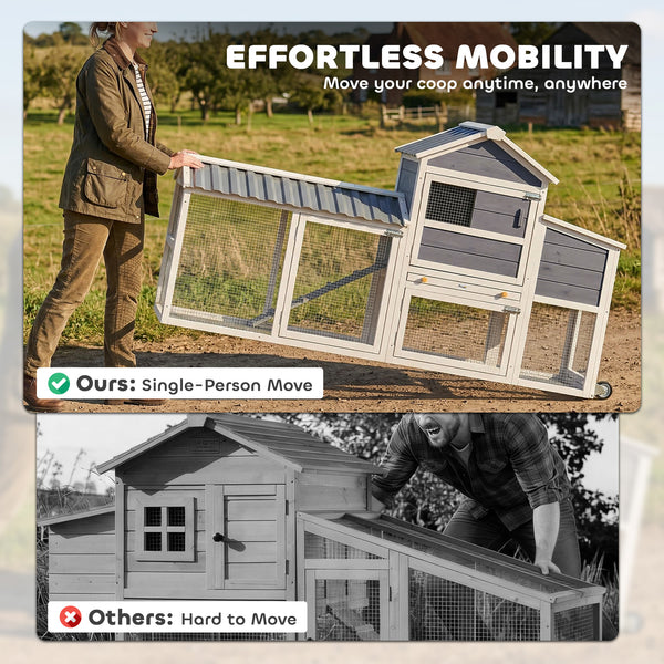 Mobile chicken coop on wheels with wooden run, nesting box, tray and access ramp
