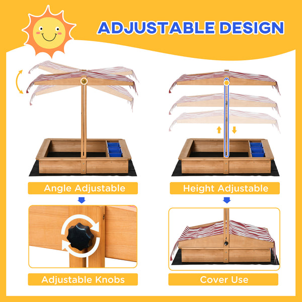 Wooden sandbox with height-adjustable lid, floor liner, seat and plastic trays
