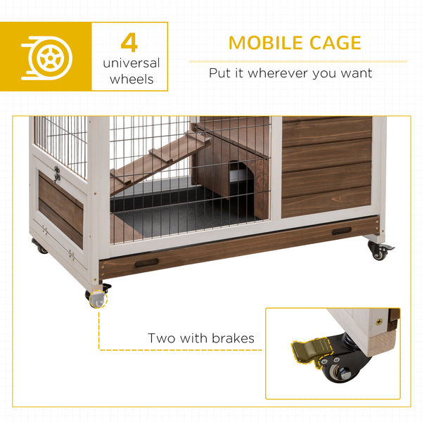 Wooden hutch with enclosed run and wheels, brown