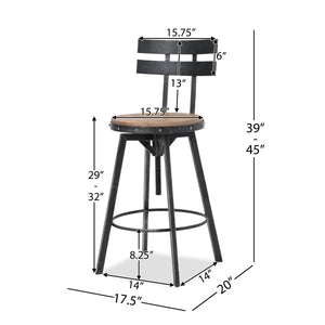 Adjustable metal bar stool with wooden seat, 360° swivel, antique black