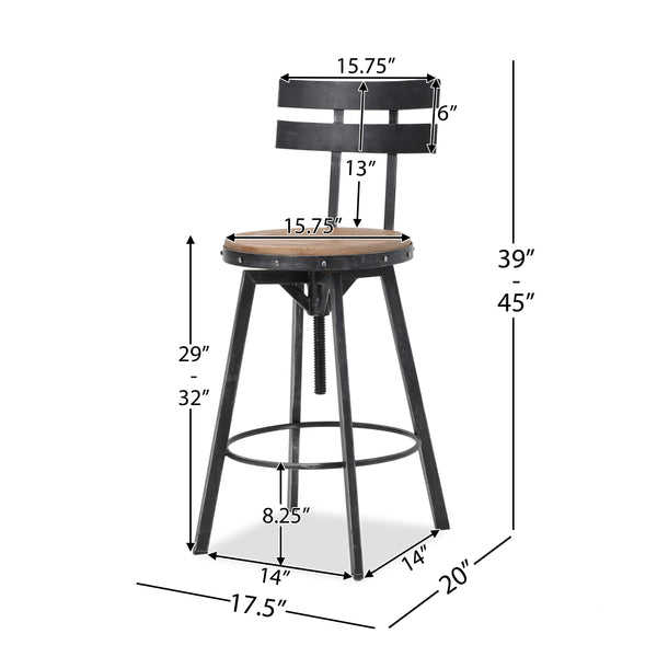 Adjustable metal bar stool with wooden seat, 360° swivel, antique black