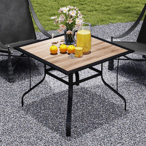 Square dining table with parasol hole and stainless steel frame