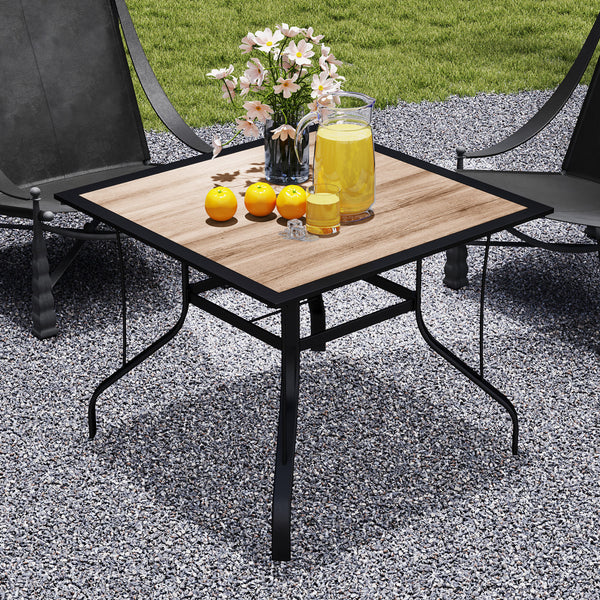 Square dining table with parasol hole and stainless steel frame