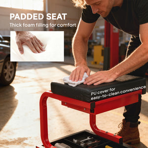 Rolling workshop stool with tool storage and drawer, black.