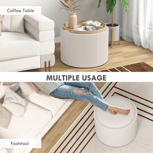 Round coffee table with hidden storage and linen upholstered top