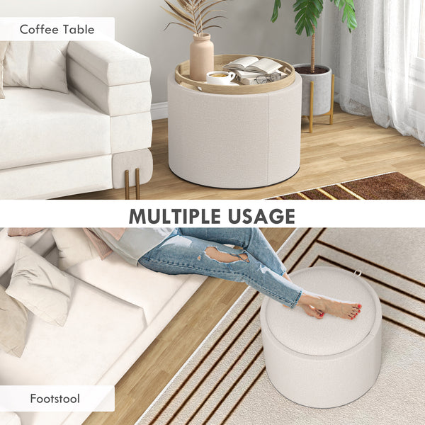 Round coffee table with hidden storage and linen upholstered top