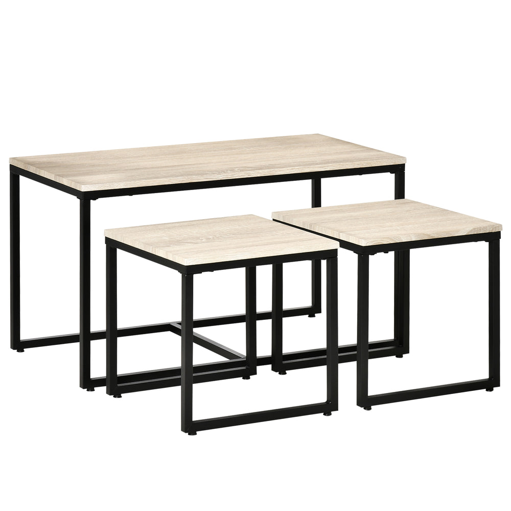 Lot de 3 tables d’appoint modernes avec cadre en métal noir et plateau effet bois naturel pour salon

