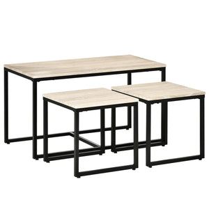 Set of 3 modern coffee tables with black metal frame, natural