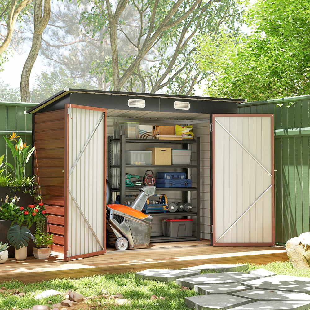 Galvanized garden shed with double doors and 2 vents, teak