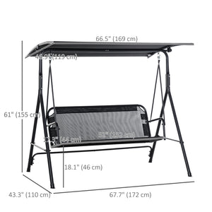2-Person Porch Swing Chair, 2 Seater Patio Swing Bench w/ Adjustable Canopy, Breathable Seat for Garden, Poolside, Black