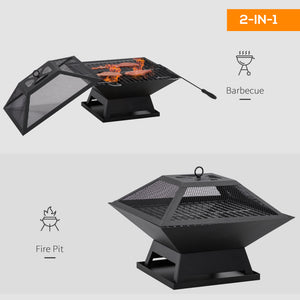 Wood-burning fireplace with cooking grate, spark screen and poker, black