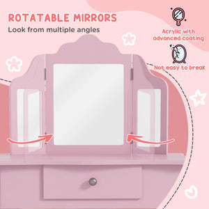 Dressing table set with folding mirrors, star and heart patterned drawer, pink