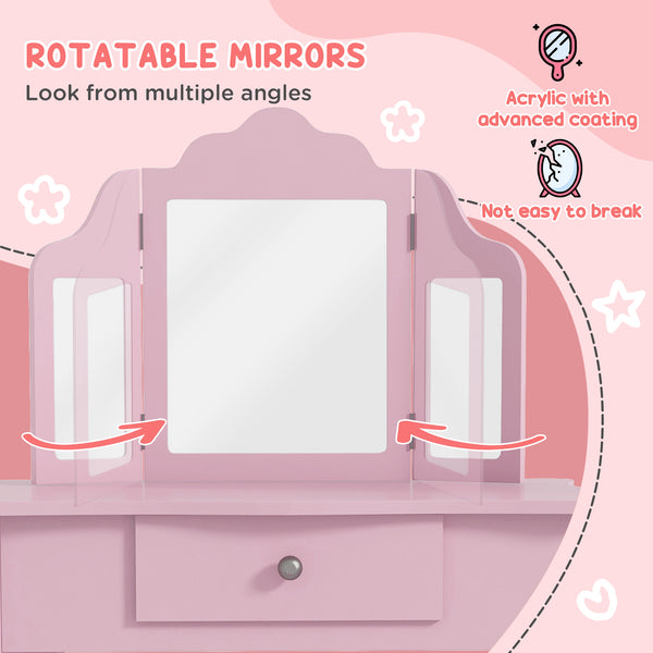 Dressing table set with folding mirrors, star and heart patterned drawer, pink
