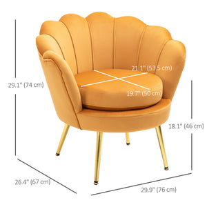 Lotus accent chair in velvet fabric with gold metal legs, yellow