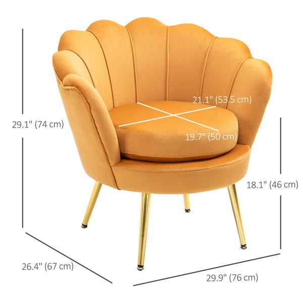Lotus accent chair in velvet fabric with gold metal legs, yellow