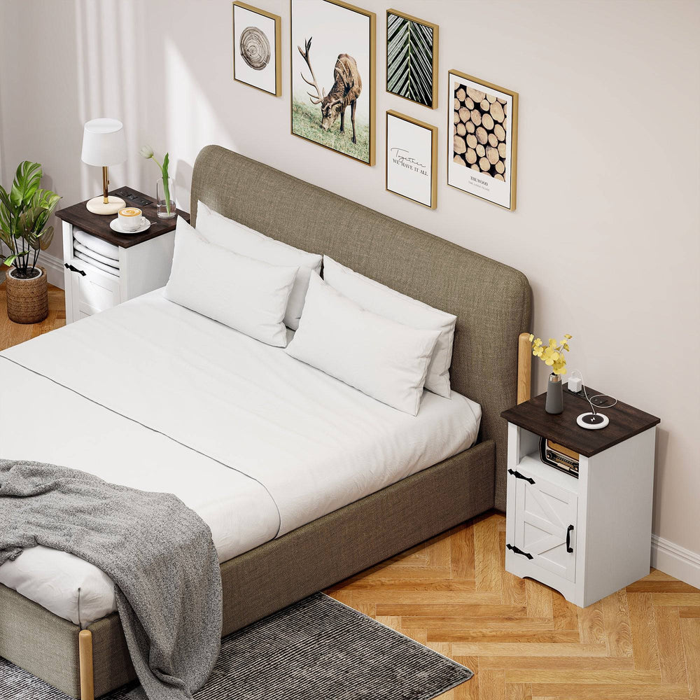 Set of 2 side tables, bedside tables with charging sockets, white