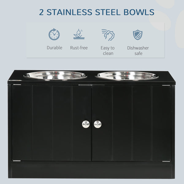 PawHut Raised Dog Bowls for Large Dogs, with Stand, Storage, 2 Stainless Steel Bowls, Black, 60 x 30 x 35 cm