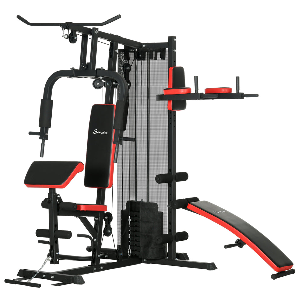 Multifunction weight training machine with abs bench, push-up support, dip station, 65 kg weights