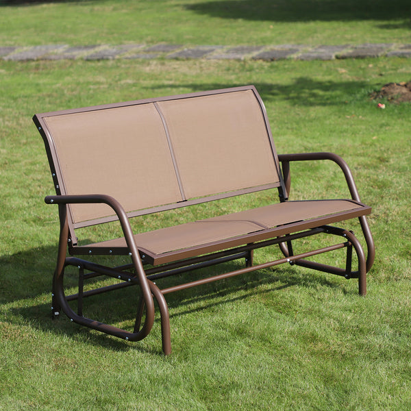 Two-seater rocking chair with breathable mesh fabric, coffee brown