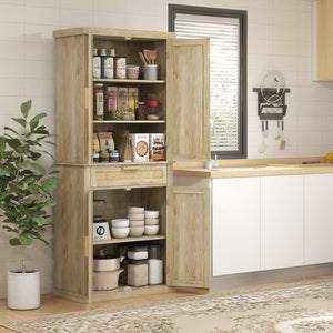 Rattan pantry with 4 doors, drawer, 5-tier shelf, adjustable shelves, oak color