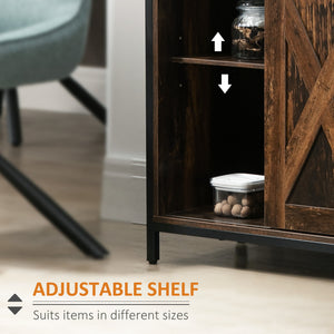 Industrial buffet with sliding barn doors, three drawers, and adjustable shelves, rustic brown