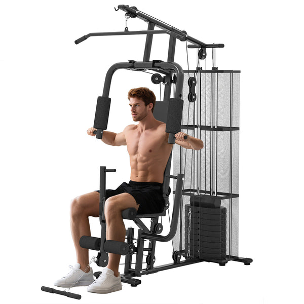 Multi-function weight station with 45 kg weight stack for lat pulldown, leg extensions, biceps curls, triceps pulldowns, and bench press, black.