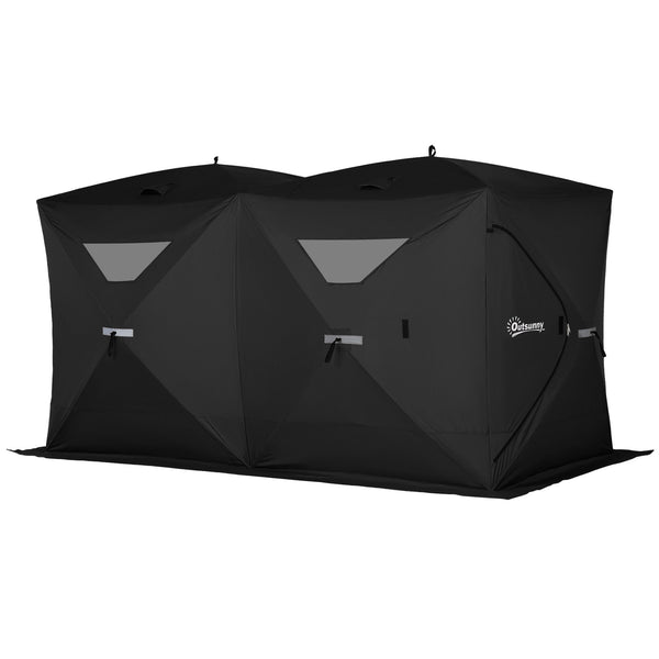Portable ice fishing shelter for 5 to 8 people, black.