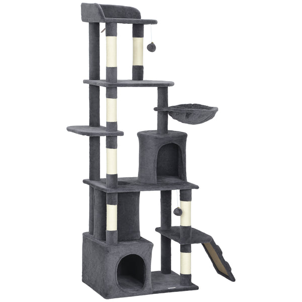Cat tree with 7 scratching posts, tunnel, 2 hideaways, hammock, perch, ramp, pom-poms, dark grey