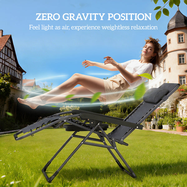 Set of 2 foldable and reclinable outdoor lounge chairs with cup holder and headrest, dark grey
