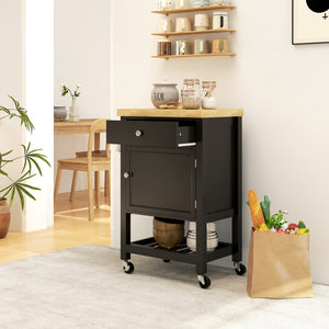 Îlot de cuisine mobile en bois noir avec étagère, tiroir et porte-serviettes – meuble de rangement pratique
