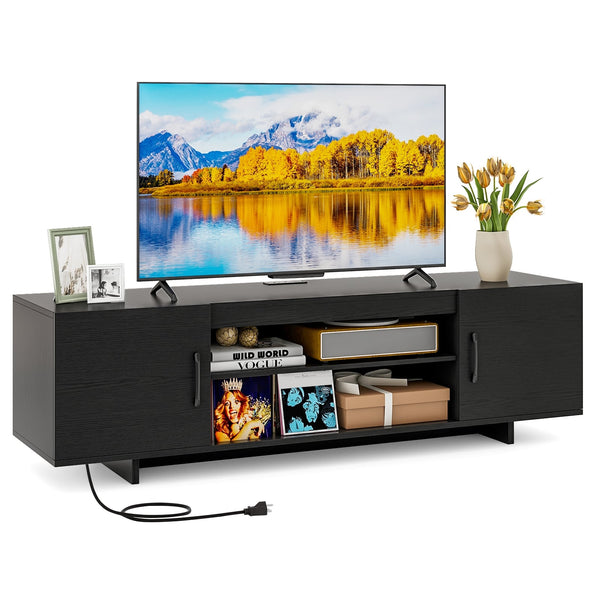TV stand with power outlet and 2 cable holes for 65-inch TVs - Black