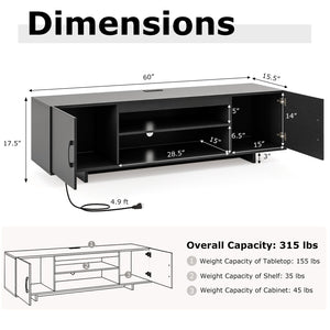 TV stand with power outlet and 2 cable holes for 65-inch TVs - Black