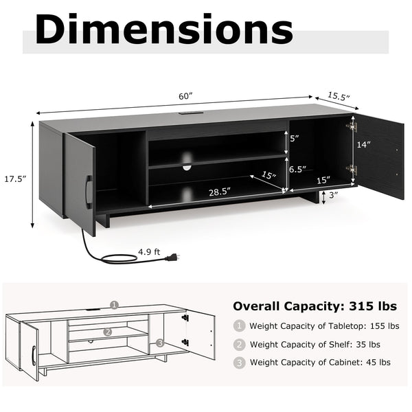 TV stand with power outlet and 2 cable holes for 65-inch TVs - Black