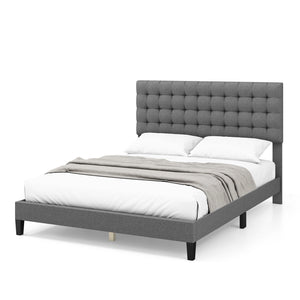 Queen-size upholstered platform bed with square stitched headboard