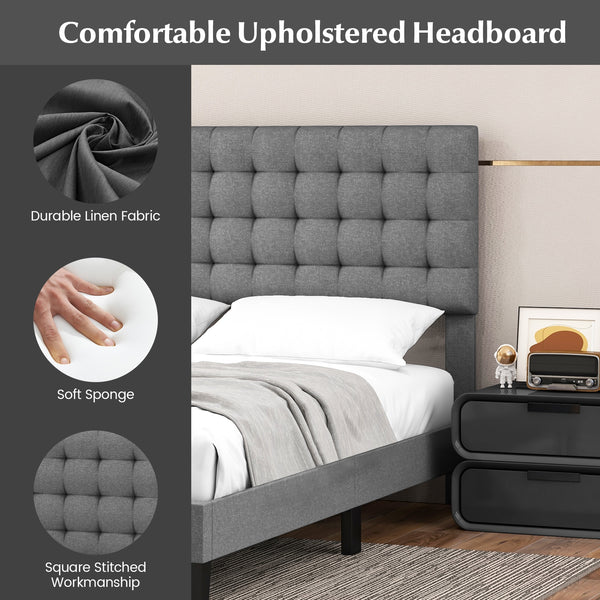 Queen-size upholstered platform bed with square stitched headboard