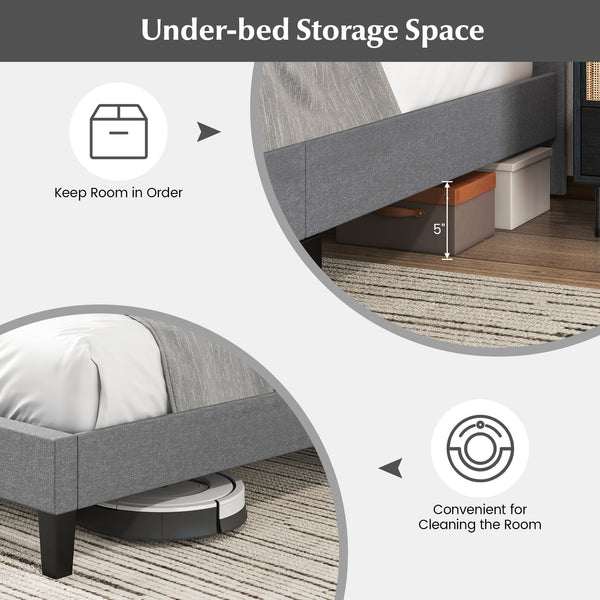 Queen-size upholstered platform bed with square stitched headboard