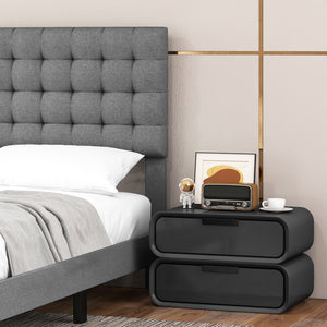 Queen-size upholstered platform bed with square stitched headboard