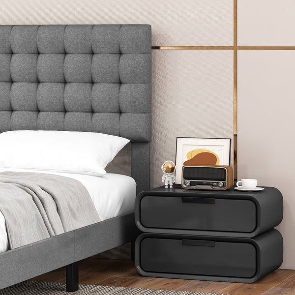Queen-size upholstered platform bed with square stitched headboard