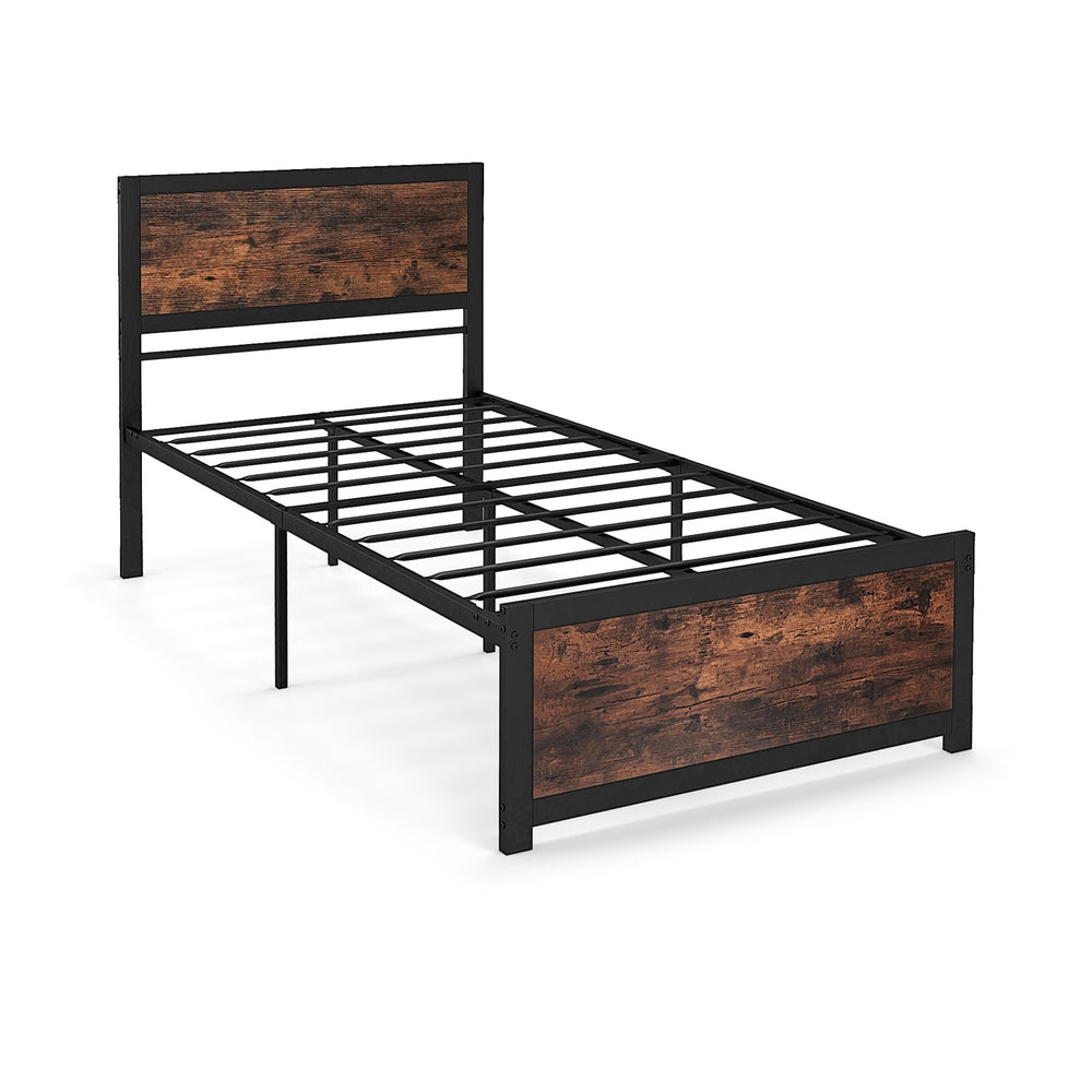 Single metal bed frame with high headboard and silent bars