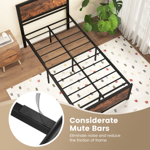 Single metal bed frame with high headboard and silent bars