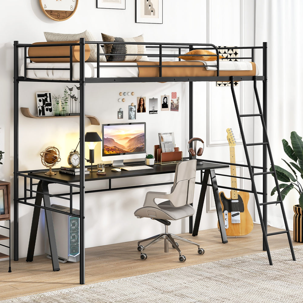 Double loft bed with metal bed frame, ladder, and guardrail - Black