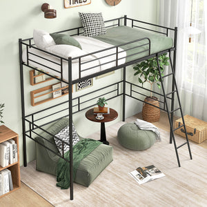 Double loft bed with metal bed frame, ladder, and guardrail - Black