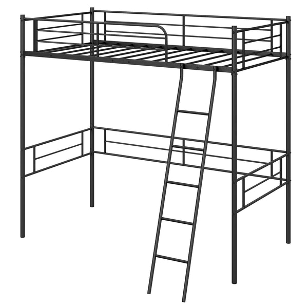 Double loft bed with metal bed frame, ladder, and guardrail - Black