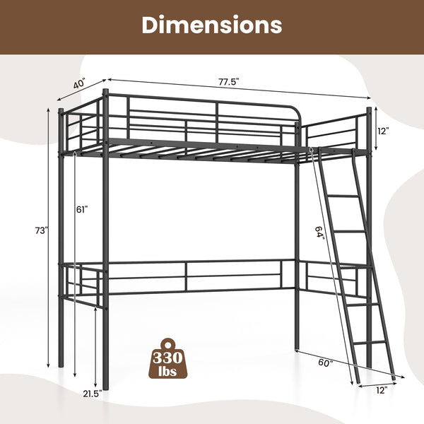 Double loft bed with metal bed frame, ladder, and guardrail - Black