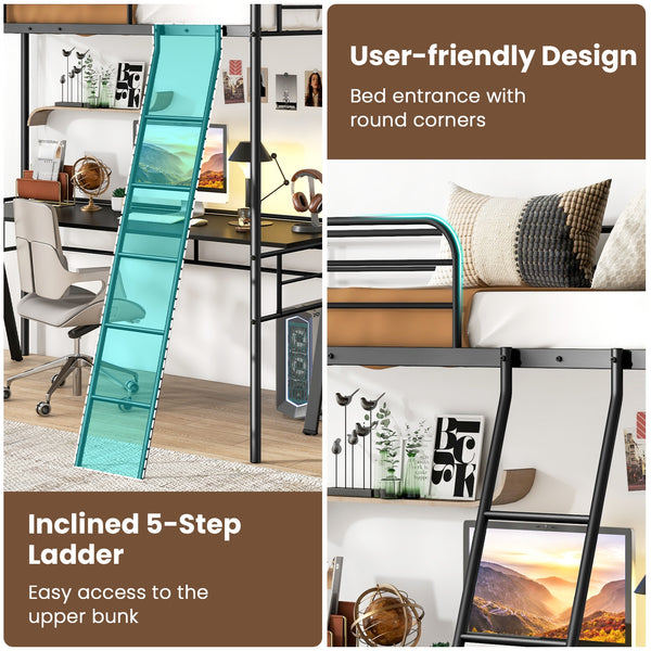 Double loft bed with metal bed frame, ladder, and guardrail - Black