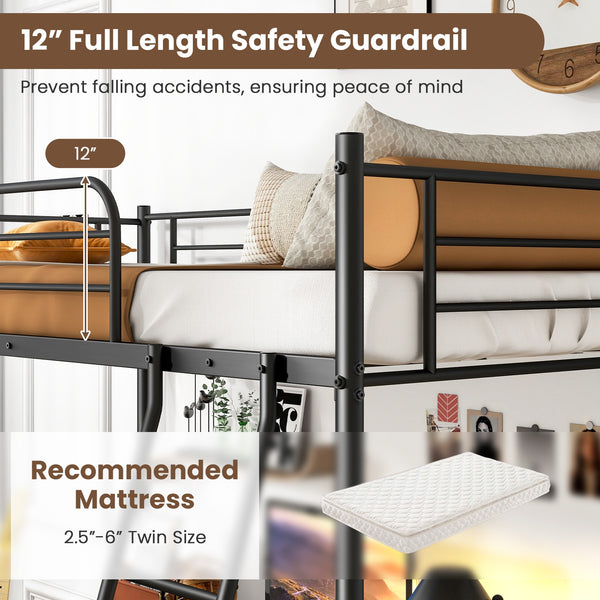 Double loft bed with metal bed frame, ladder, and guardrail - Black