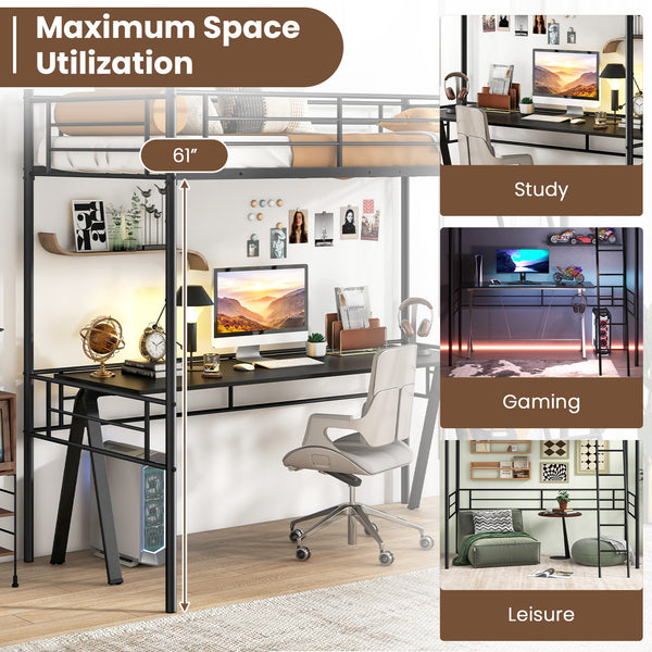 Double loft bed with metal bed frame, ladder, and guardrail - Black