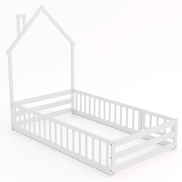 Montessori floor bed with lockable door and full-length guardrail - White