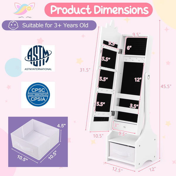 Children's jewelry cabinet with full-length mirror for children's bedroom and playroom - White