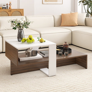 Two-tier geometric coffee table with storage shelves for living room and reception area - White and brown